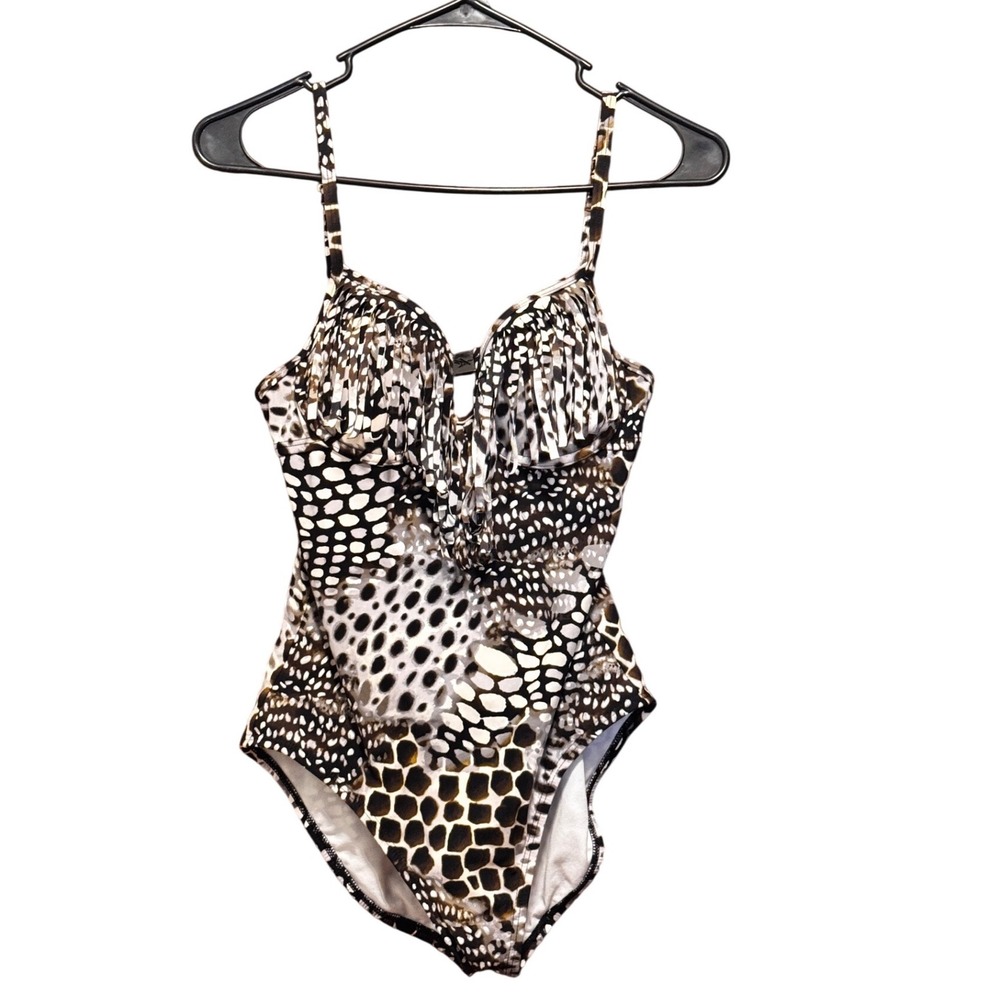 Kenneth Cole New York Animal Print Fringe One Piece Swimsuit Black White Brown S